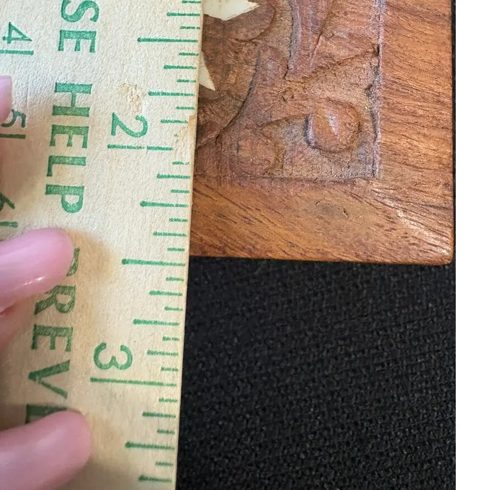 Vintage Folk Art Hand Carved Wood With Inlay Trinket Box